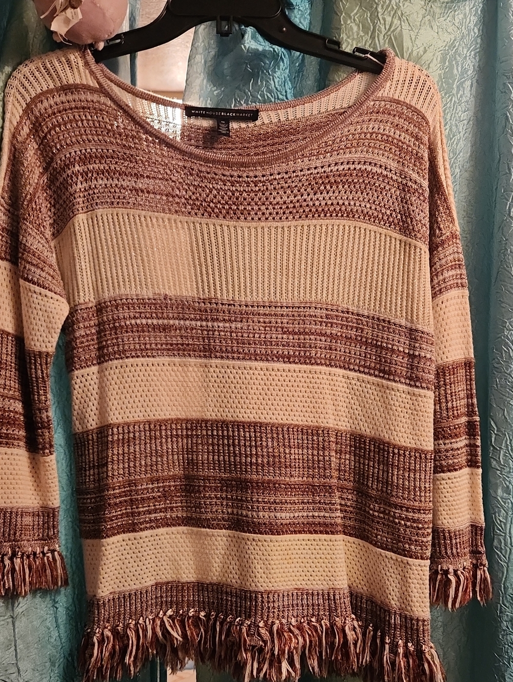 White House Black Market Cream and Brown Striped Fringe Crewneck Sweater